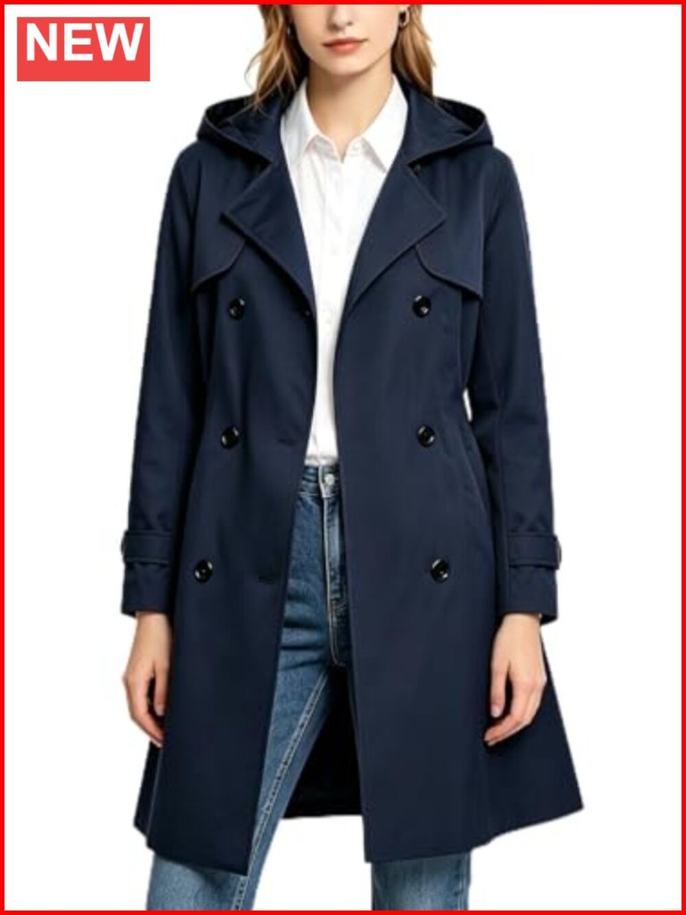 Women's Waterproof Trench Coat Double Breasted Windbreaker with Removable Hood